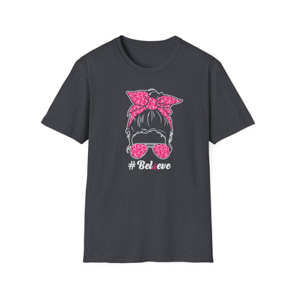 Messy Bun #Believe Breast Cancer Awareness T-Shirt – Pink Ribbon Support Tee for Women
