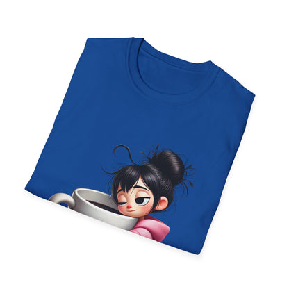 Funny Coffee T-Shirt – Tired Girl Hugging Coffee Cup Graphic Tee | Unisex Soft Cotton