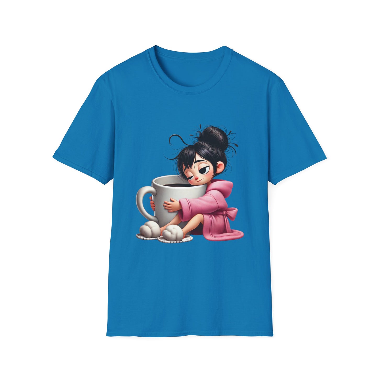 Funny Coffee T-Shirt – Tired Girl Hugging Coffee Cup Graphic Tee | Unisex Soft Cotton
