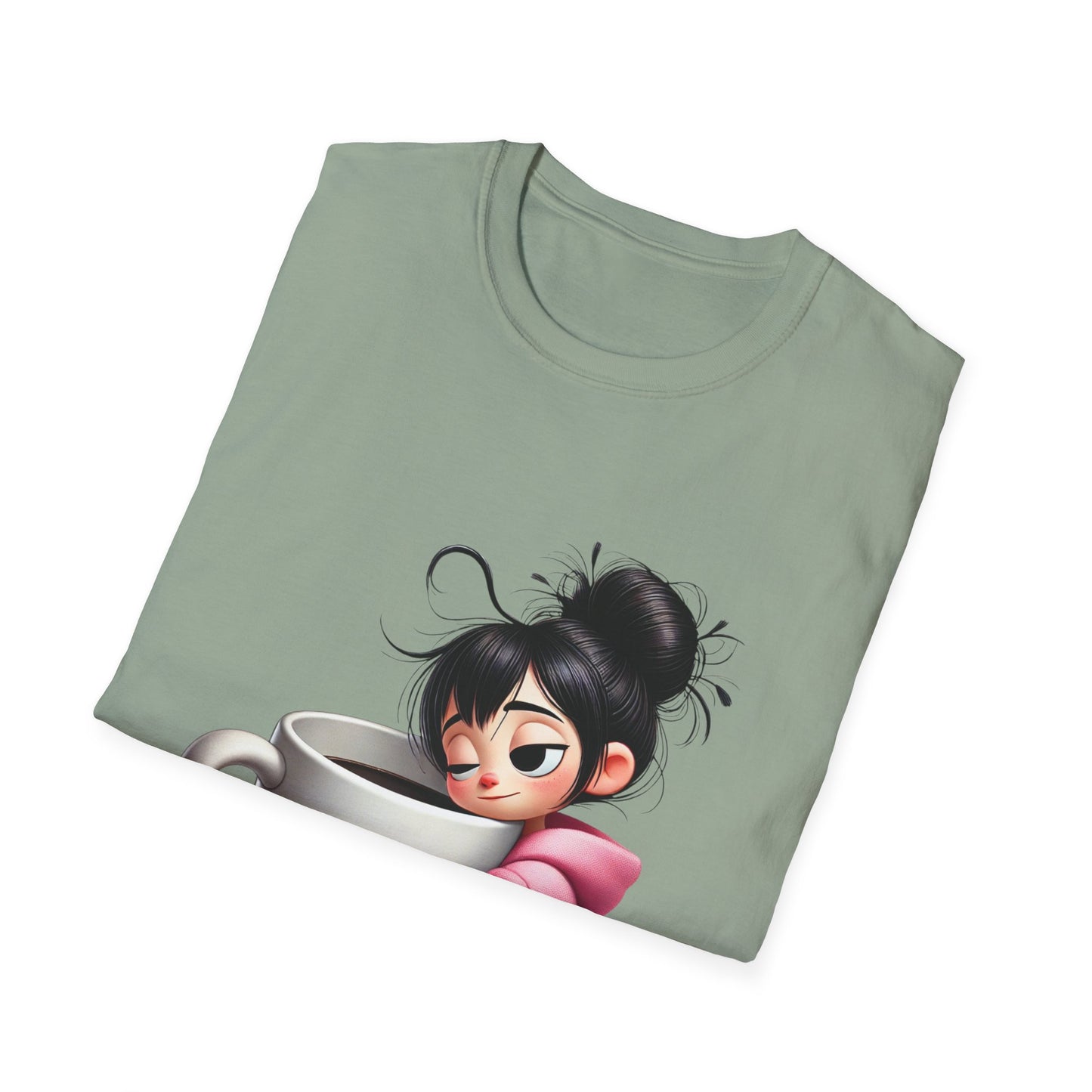 Funny Coffee T-Shirt – Tired Girl Hugging Coffee Cup Graphic Tee | Unisex Soft Cotton