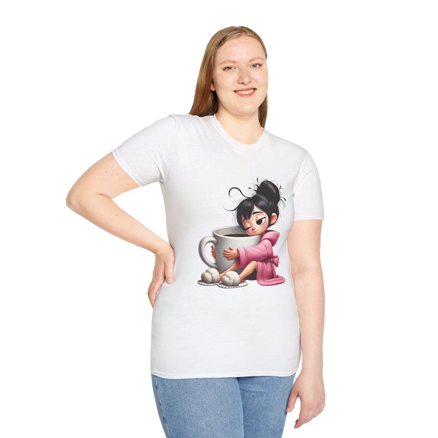Funny Coffee T-Shirt – Tired Girl Hugging Coffee Cup Graphic Tee | Unisex Soft Cotton