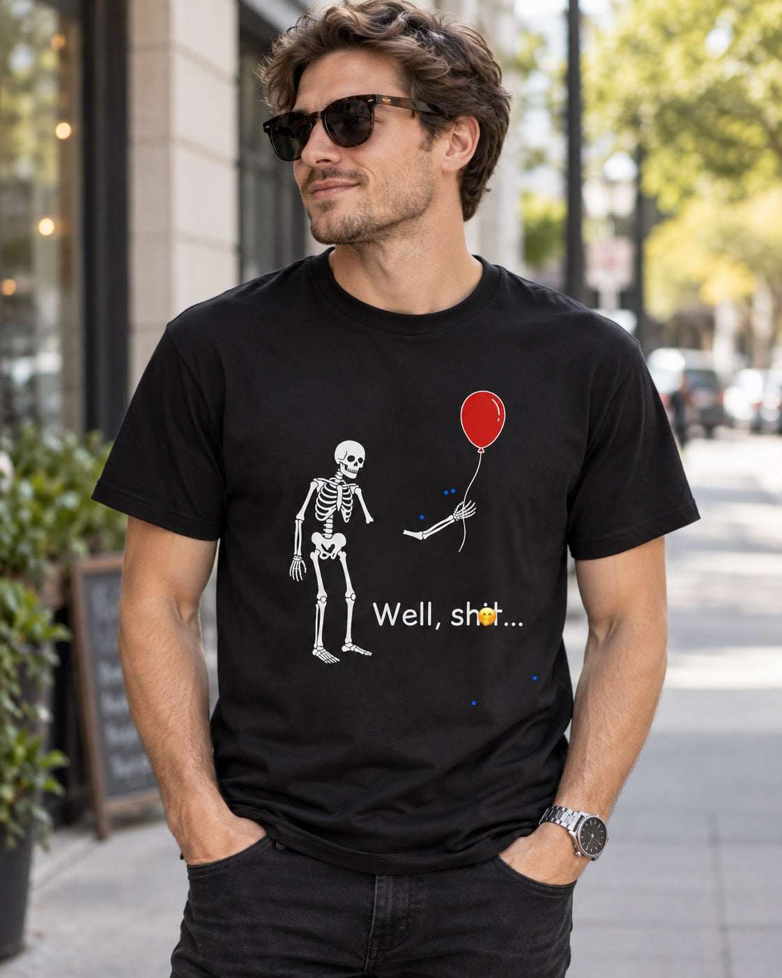 Funny Skeleton & Red Balloon Shirt | "Well, Sh*t" Vintage Feel Tee2